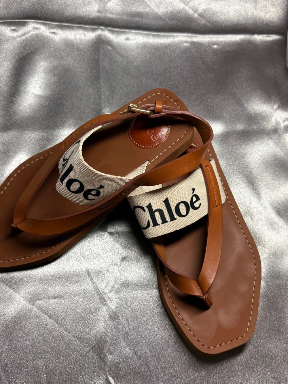 CHLOE Woody Flat Sandal Thong Slingback Logo Canvas Tan EU 35 US 5